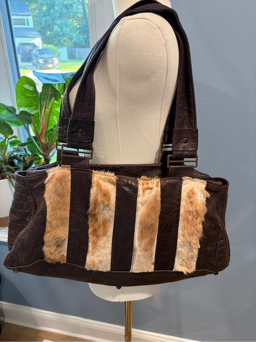 Elena Girardi Handmade Italy Brown Croc Embossed Leather Hair Calf Tote